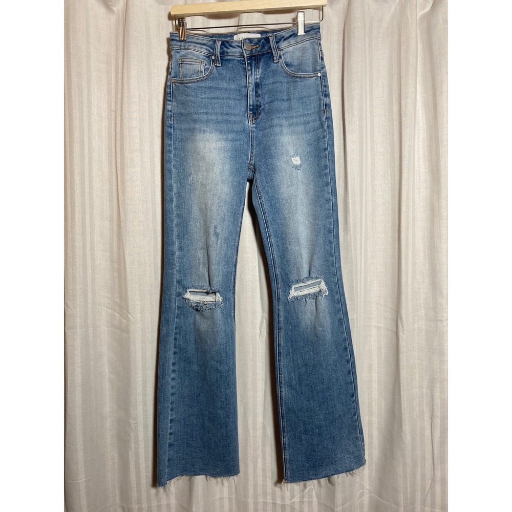 Risen Jeans Women 3/26 Distressed High Rise Flare Medium Wash Denim 90s Inspired